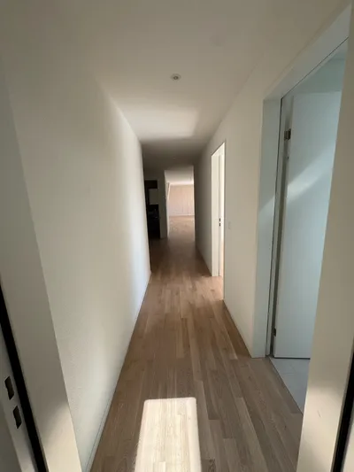Heller Flur in Winterthur mit frisch gestrichenen weißen Wänden und Holzboden – saubere und präzise Malerarbeiten vom Malerbetrieb in Winterthur.