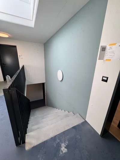 Modernes Treppenhaus in Winterthur mit mintgrüner Akzentwand, weißen Decken und schwarzem Geländer – sorgfältig gestrichen vom Malerbetrieb in Winterthur.