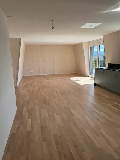 Großer, lichtdurchfluteter Wohnbereich in Winterthur mit Holzverkleidung, Parkettboden und Zugang zur Terrasse – hochwertige Malerarbeiten vom Malerbetrieb in Winterthur.