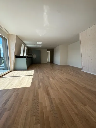 Heller Wohnraum in Winterthur mit moderner Einbauküche, Holzparkett und frisch gestrichenen Wänden – präzise ausgeführte Malerarbeiten vom Malerbetrieb in Winterthur.